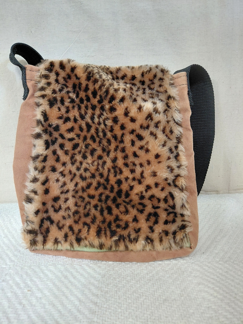 Leopard Faux Fur Crossbody Bag in Tan with Black Strap